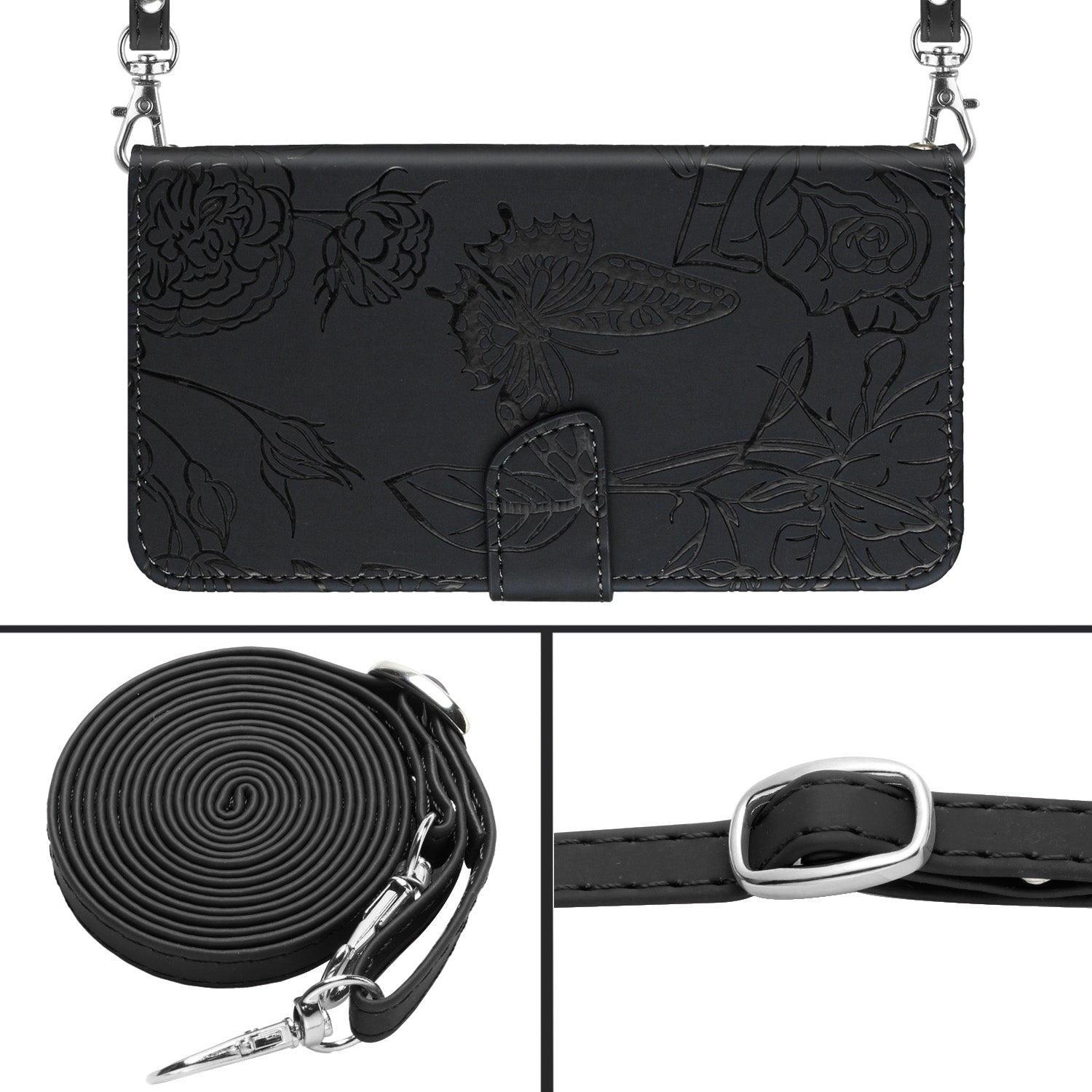 HT03 For Oppo A59 5G Butterfly Flower Phone Case Crossbody Leather Phone Cover - Black HT03 For Oppo A59 5G Butterfly Flower Phone Case Crossbody Leather Phone Cover - Black